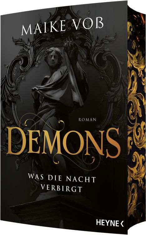 Text: MAIKE VOß, DEMONS, WAS DIE NACHT VERBIRGT, ROMAN. 
Illustration: Eine Statue in dunkeln Tönen umrahmt von Mustern.