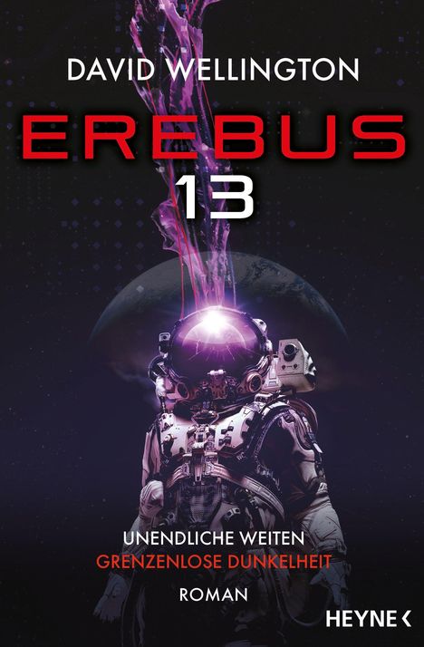 Titel: "Erebos 13". Ein Astronaut vor einem dunklen Weltraumhintergrund, lila Energie strömt aus seinem Helm.