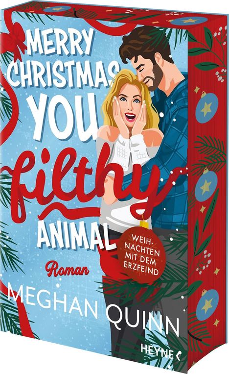 „MERRY CHRISTMAS YOU FILTHY ANIMAL“ steht über einem fröhlichen Paar auf einem weihnachtlich gestalteten Buchcover.