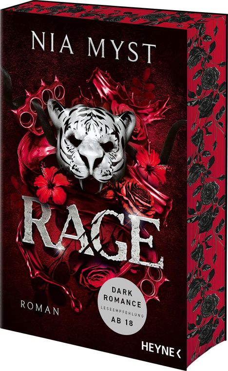 „NIA MYST“, „RAGE“, „ROMAN“, „DARK ROMANCE LESEEMPFEHLUNG AB 18“, „HEYNE“. Tiger-Maske, rote Blumen, schwarzer Hintergrund.