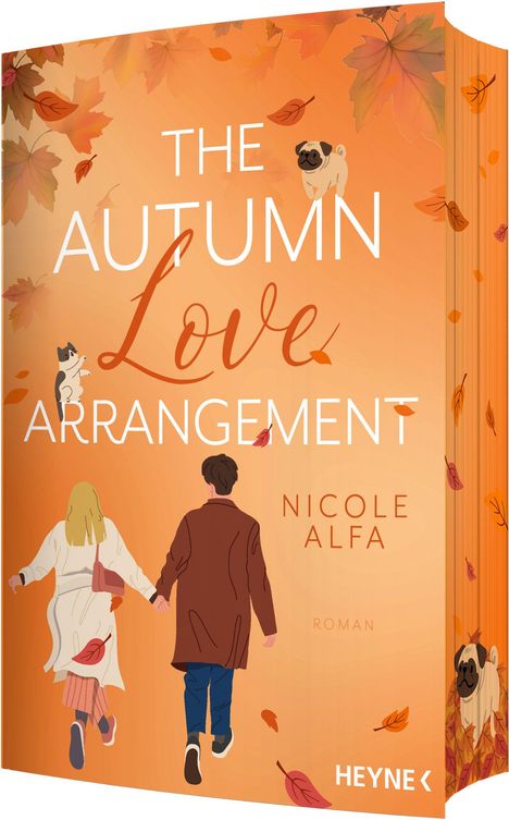 Text: "THE AUTUMN LOVE ARRANGEMENT", "NICOLE ALFA", "ROMAN". Illustration: Ein Paar geht Hand in Hand im Herbst.