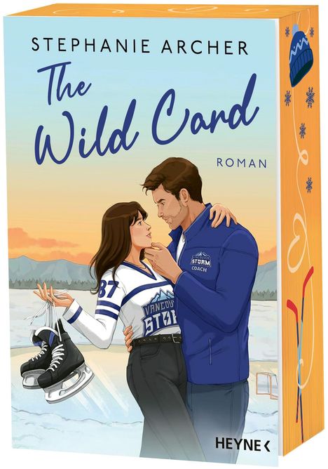 "Stephanie Archer. The Wild Card. Roman." Winterliches Paar auf Eisfläche, Frau hält Schlittschuhe, Mann in Sportjacke.