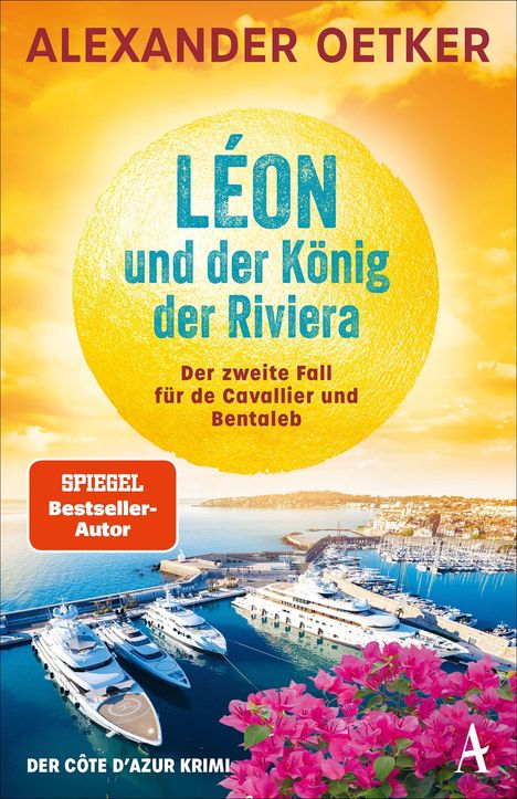 Titel: "Léon und der König der Riviera". Hafen mit Yachten, blühende pinke Blumen im Vordergrund.