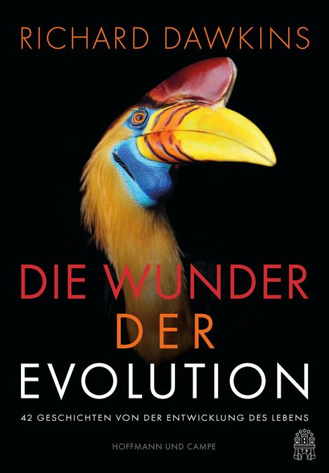 Oben "RICHARD DAWKINS", mittig "DIE WUNDER DER EVOLUTION", ein bunter Vogelkopf, unten "HOFFMANN UND CAMPE".
