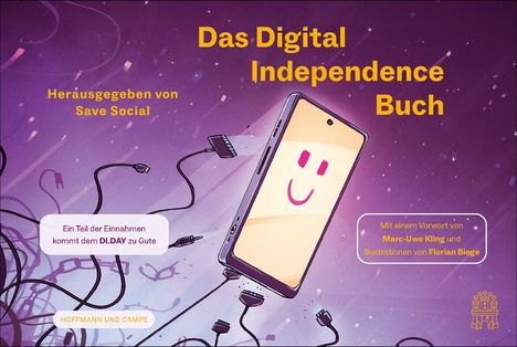 „Das Digital Independence Buch” in Gelb, Handy mit Smiley-Gesicht, umgeben von Kabeln, lila Hintergrund.