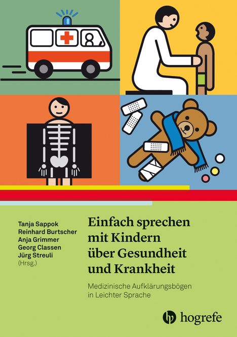 Text: „Einfach sprechen mit Kindern über Gesundheit und Krankheit.“ Illustration mit Arzt, Krankenwagen und Teddybär.