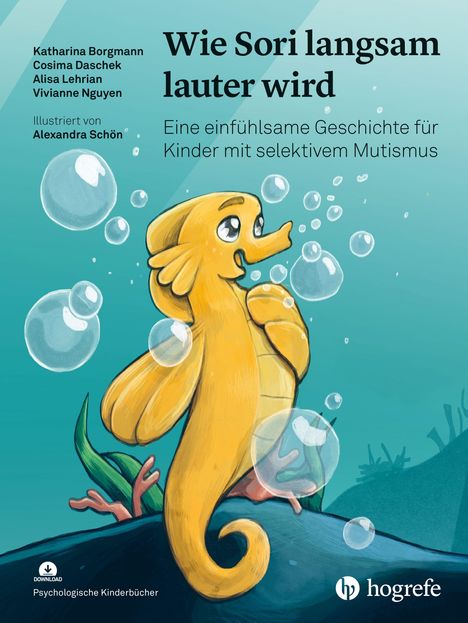 „Wie Sori langsam lauter wird“: Ein gelbes Seepferdchen mit Blasen und Pflanzen im Wasser.
