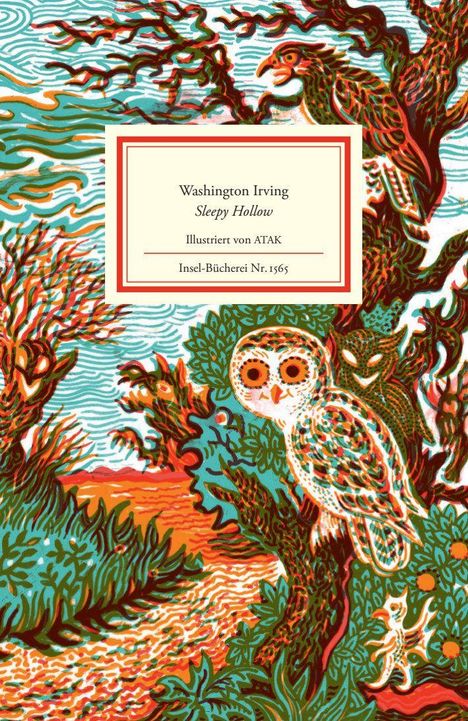 "Washington Irving, Sleepy Hollow, illustriert von ATAK, Insel-Bücherei Nr. 1565." Bunte Illustration mit Eulen und Bäumen.