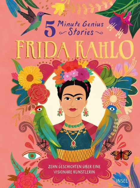 Text: "NOTIZBUCH INSEL-BÜCHEREI". Illustration mit Blumen, Vögeln und geometrischen Formen in Rosa, Rot und Braun.