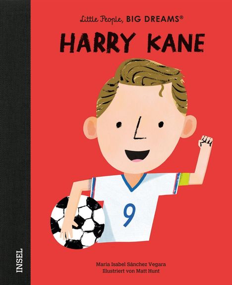 "Harry Kane" in kräftigen Buchstaben, lächelnder Fußballspieler mit Ball, illustriert von Matt Hunt.