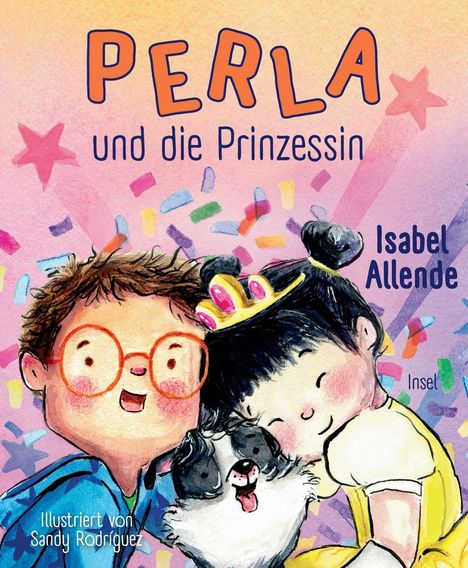 "PERLA und die Prinzessin" oben in bunten Buchstaben. Zwei Kinder und ein Hund, sie wirken fröhlich und bunt illustriert.