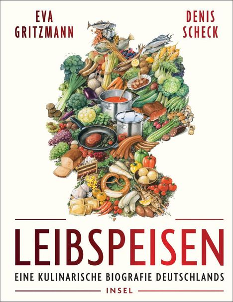 "Eva Gritzmann, Denis Scheck, Leibspeisen, Eine kulinarische Biografie Deutschlands, Insel." Illustration von Lebensmitteln.