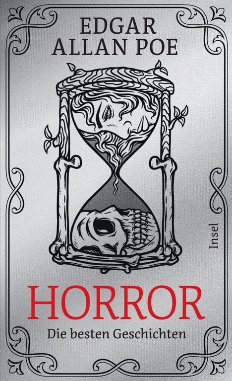 Text: "EDGAR ALLAN POE", "HORROR", "Die besten Geschichten"; Illustration: Sanduhr mit Gesicht und Totenkopf.
