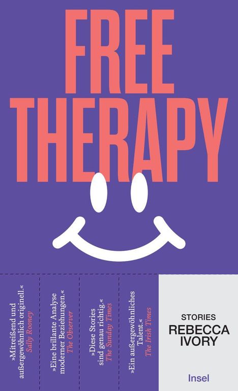 "FREE THERAPY" in großer Schrift, lila Hintergrund, Smile-Logo, Zitate von Kritiken, Titel und Autor: Rebecca Ivory.