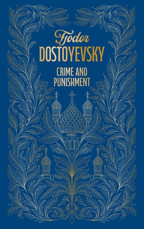 "Tjodor Dostoyevsky Crime and Punishment Insel" steht in goldener Schrift auf einem blauen Hintergrund mit Ornamenten.