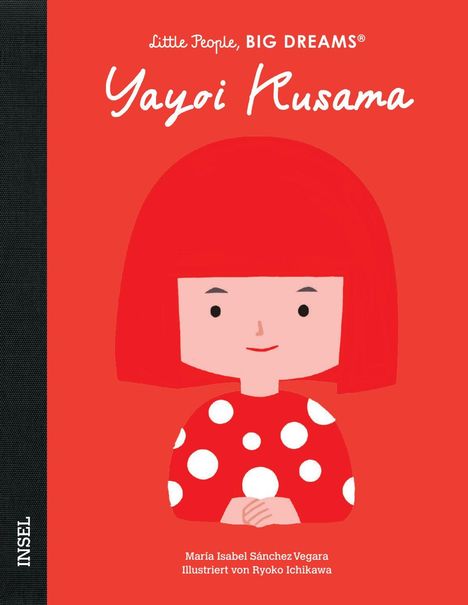 Buchtitel: "Yayoi Kusama". Illustration: Kind mit rotem Haar und gepunktetem Oberteil auf rotem Hintergrund.