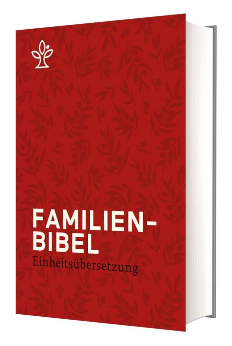 "FAMILIENBIBEL Einheitsübersetzung". Roter Hintergrund mit Blattmuster und einem stilisierten Baum-Logo oben links.