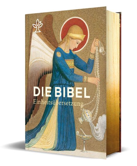 Text: "DIE BIBEL, Einheitsübersetzung." Das Cover zeigt einen Engel in blauer Robe und goldenen Details mit Weihrauchgefäß.