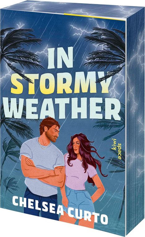 "In Stormy Weather" und "Chelsea Curto" sind in großen Buchstaben geschrieben. Illustration: Ein Mann und eine Frau stehen im Sturm.