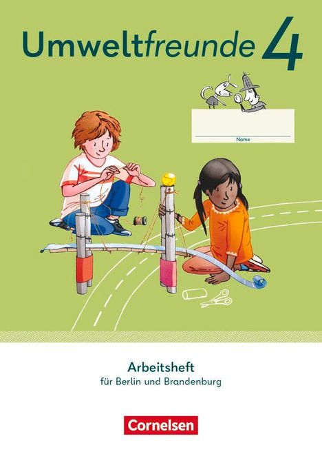 "Umweltfreunde 4", "Arbeitsheft für Berlin und Brandenburg" steht auf einem illustrierten Heftcover mit zwei Kindern beim Basteln.
