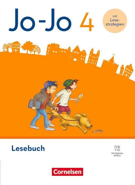 "Jo-Jo 4 mit Lesestrategien. Lesebuch. Zwei Kinder und ein Hund auf orangem Hintergrund, Skyline im Hintergrund."