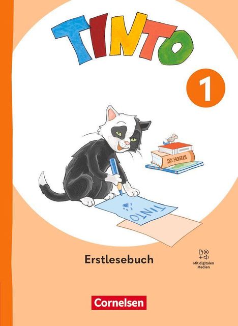 'TINTO', 'Erstlesebuch', 'Mit digitalen Medien'. Eine schwarz-weiße Katze, die mit einem Stift schreibt.