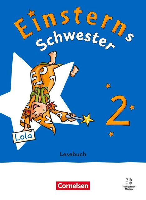 „Einsterns Schwester 2“, eine Figur namens Lola fliegt mit einem Zauberstab auf einem blauen Hintergrund. Cornelsen-Logo.