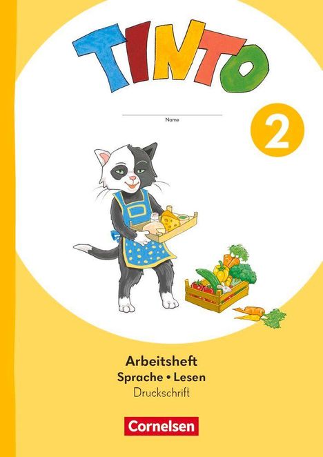 "TINTO 2" und "Arbeitsheft Sprache • Lesen Druckschrift" sind hervorgehoben. Illustration einer Katze mit Essenstablett.