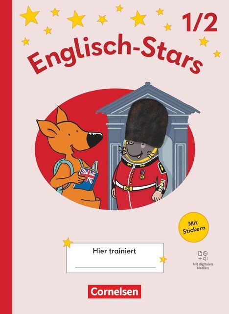„Englisch-Stars 1/2“ und „Hier trainiert“. Illustration mit Hund, Soldat und britischem Thema.