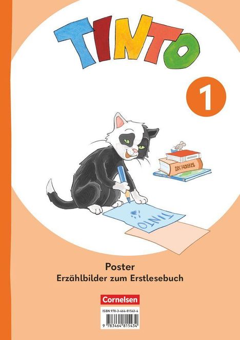 "TINTO 1" steht oben, darunter eine gemalte Katze mit einem Stift und einem Blatt Papier. Texte: "Poster", "Erzählbilder".