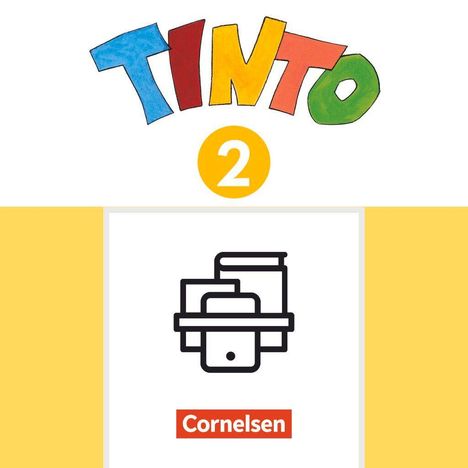 Text: "Tinto 2", "Cornelsen". Illustration: Bunte Buchstaben, Zahl in gelbem Kreis, schwarzes Bücher-Icon, rotes Banner.