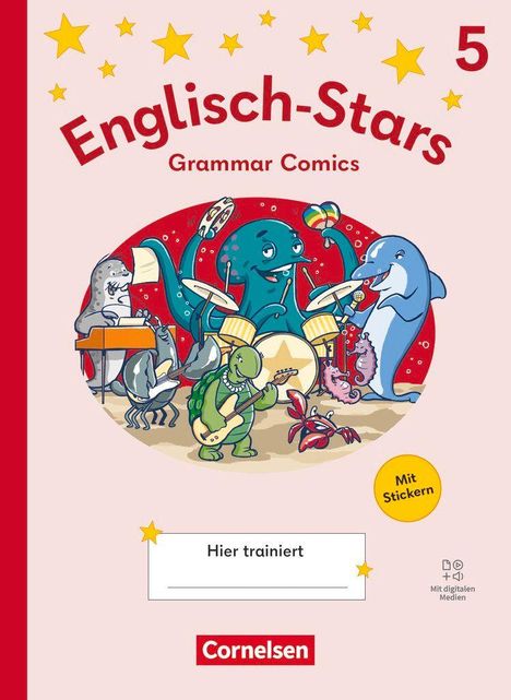"Englisch-Stars Grammar Comics 5" mit einer Band aus Tieren: Kraken-Schlagzeuger, Fisch und Delphin spielen Musik.