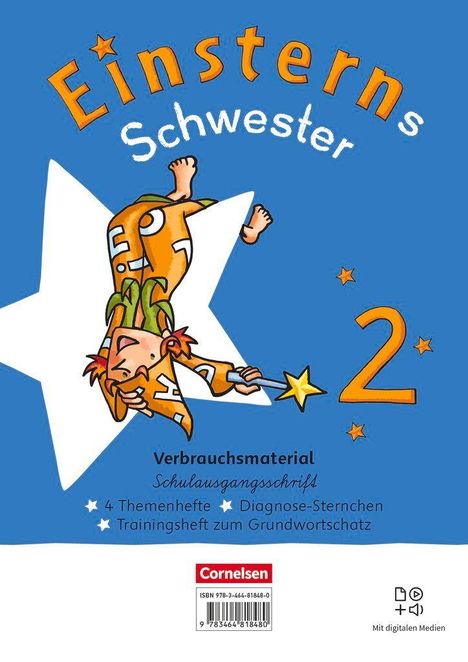 Großer Text: "Einsterns Schwester". Unten: "Verbrauchsmaterial". Illustration: Figur in orange, hält einen Sternenstab.
