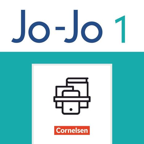 Text: "Jo-Jo 1" und "Cornelsen". Illustration: Bücher und digitale Geräte, schlichtes Design auf türkisem Hintergrund.