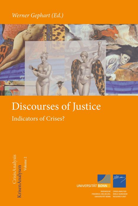 Titel: "Discourses of Justice: Indicators of Crises?". Kunst mit Figuren und abstrakten Mustern. Logos unten.