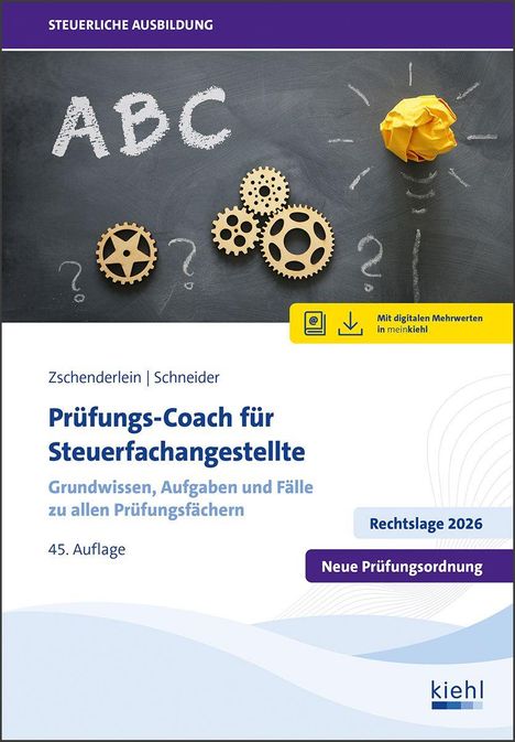 Titel: "Prüfungs-Coach für Steuerfachangestellte". Tafel mit ABC, Zahnrädern, Fragezeichen und einer gelben Papierkugel als Idee.
