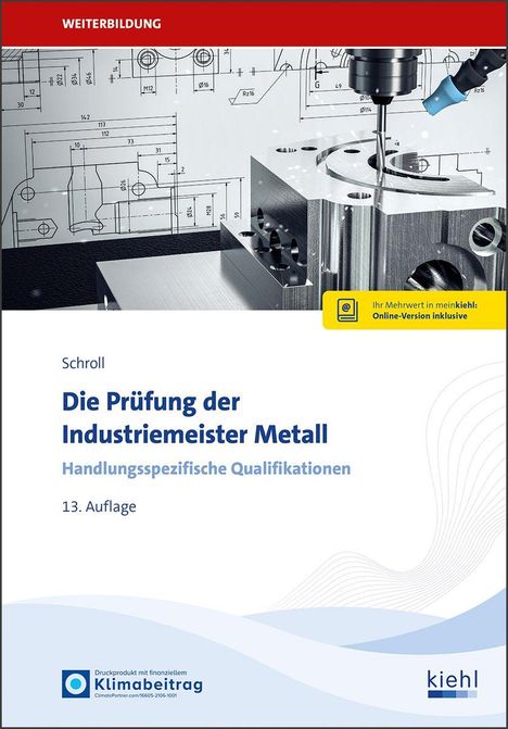 Text "Die Prüfung der Industriemeister Metall", technische Zeichnungen, Metallbearbeitung, Werkzeug und Firmenlogos.