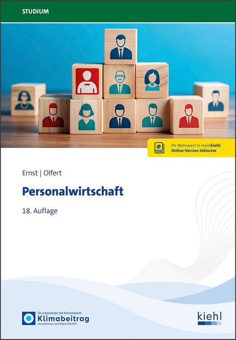 Text: STUDIUM, Ernst | Olfert, Personalwirtschaft, 18. Auflage. Illustration mit Holzklötzen und Personen-Silhouetten.