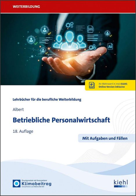 "Betriebliche Personalwirtschaft", 18. Auflage. Eine Hand hält Symbole von Menschen und Daten. Oben "WEITERBILDUNG".