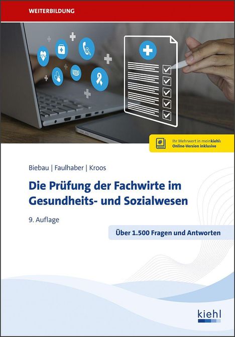 Text: "Die Prüfung der Fachwirte im Gesundheits- und Sozialwesen", 9. Auflage. Über 1.500 Fragen und Antworten. Illustration: Symbole und Laptop.