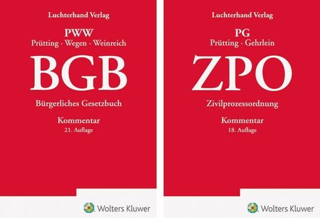 Zwei rote Buchcover, links "BGB", rechts "ZPO", beide aus dem Luchterhand Verlag, mit Kommentaren von Prütting und anderen.