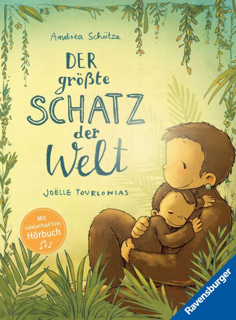 "Der größte Schatz der Welt" steht im Zentrum. Darunter Illustration eines kuschelnden Affenpaares, umgeben von Pflanzen.