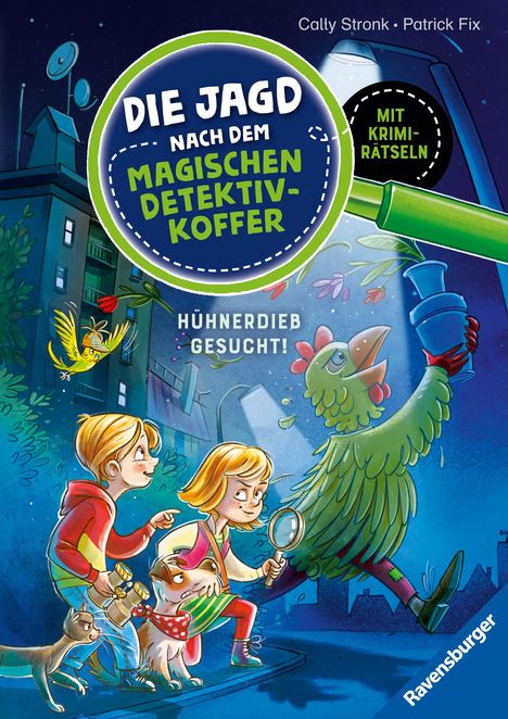 „Die Jagd nach dem magischen Detektiv-Koffer“, „Hühnerdieb gesucht!“ Zwei Kinder und Tiere folgen einer großen Hühnerfigur.