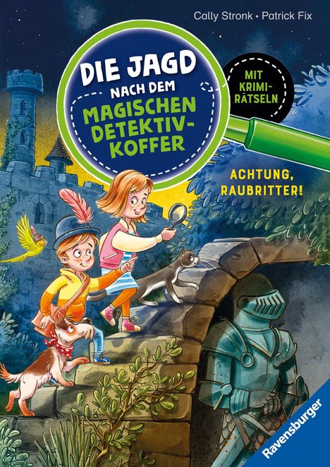 "DIE JAGD NACH DEM MAGISCHEN DETEKTIV-KOFFER, ACHTUNG, RAUBRITTER!" Zwei Kinder mit Hund und Katze vor einer Burg.