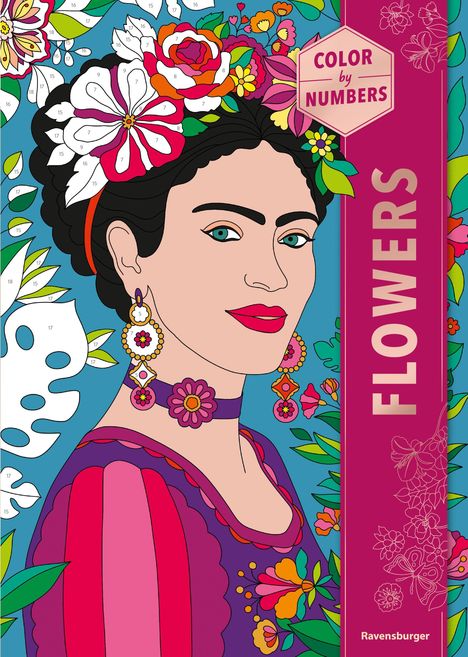 "COLOR by NUMBERS" und "FLOWERS" steht auf einer kunstvollen Illustration einer Frau mit Blumen im Haar.