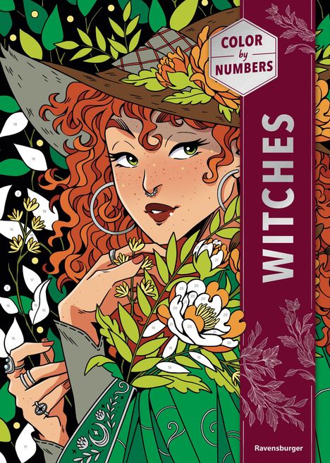 "Color by Numbers" und "WITCHES" sind auf einem Buchumschlag. Eine Frau mit roten Locken und Blumen um sie herum.