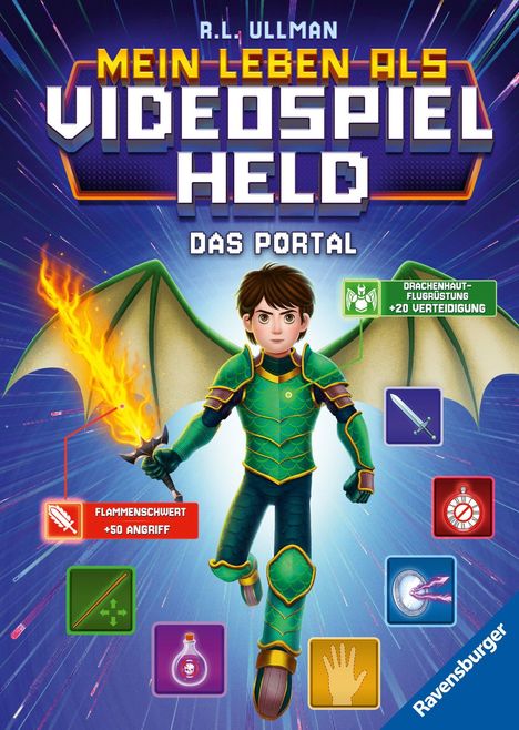 "MEIN LEBEN ALS VIDEOSPIELHELD: DAS PORTAL." Ein Junge in grüner Rüstung mit Flammenschwert und Drachenflügeln schwebt.
