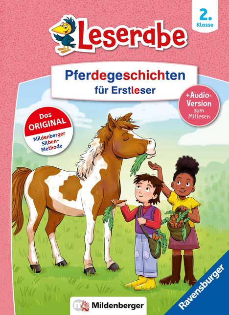 "Pferdegeschichten für Erstleser", Illustration mit Kindern, die ein Pferd füttern. "Leserabe", "2. Klasse", "Ravensburger".