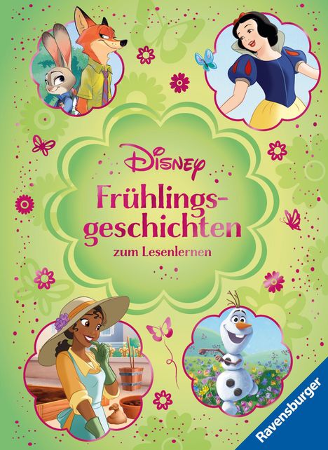 "Disney Frühlingsgeschichten zum Lesenlernen." Illustration mit bekannten Figuren auf grünem, blumigem Hintergrund.