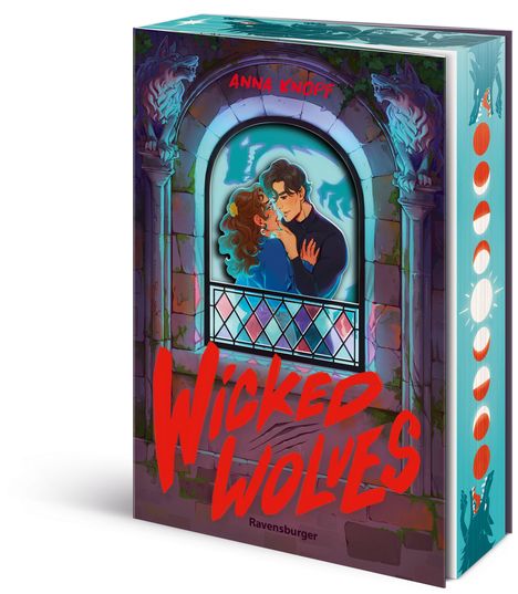 Texte: "Anna Knopf", "Wicked Wolves", "Ravensburger". Illustration zeigt Paar auf einem Balkon, umrahmt von Wolfsstatuen.